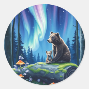 Sticker Rond Maman et bébé ours et les aurores boréales