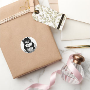 Sticker Rond Maman ours avec deux oursons dessin au trait de co