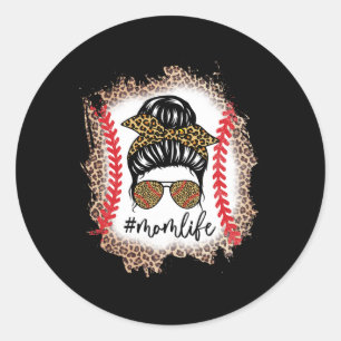 Sticker Rond Maman Vie Baseball Maman Messy Bun Leopard Basebal