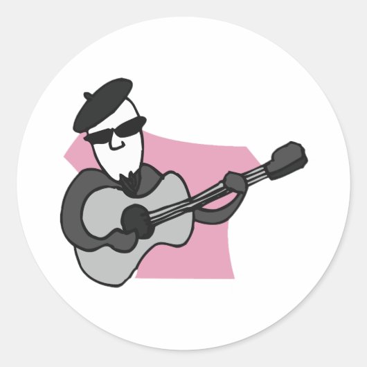 Sticker Rond Man Wearing Beret Playing Acoustic Guitar (Devant)