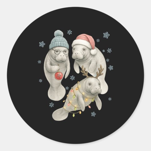 Sticker Rond Manatee Christmas Manatee Santa Reindeer Lights Wo (Devant)