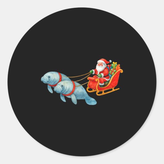 Sticker Rond Manatee Santa Christmas Sleigh - Funny Manatee Xma (Devant)
