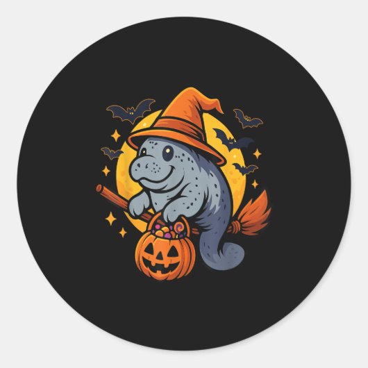 Sticker Rond Manatee Witch Hat Pumpkin Halloween Soky Season (Devant)