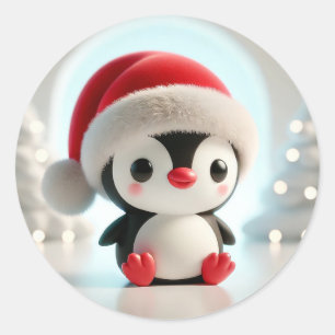 Sticker Rond Manchot de dessin animé joyeux portant un chapeau