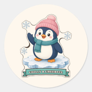 Sticker Rond Manchot frais et joyeux avec un chapeau pompon ros