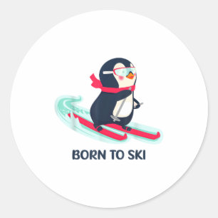 Sticker Rond Manchot mignon né pour skier animal d'hiver de ski