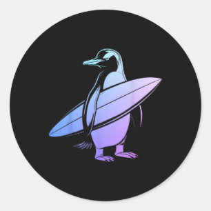 Sticker Rond Manchot surfeur Planche de surf Surfing Drôle Mign