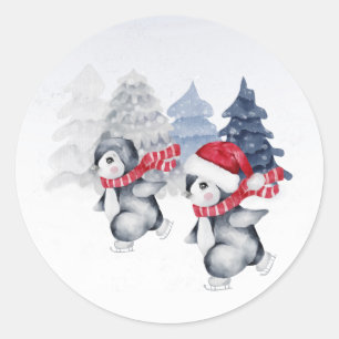 Sticker Rond Manchots patinant arbres rouge aquarelle Noël