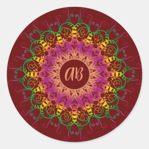 Sticker Rond Mandala à fleurs ethniques multicolores.