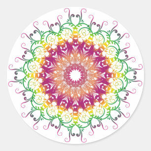Sticker Rond Mandala à fleurs ethniques multicolores.