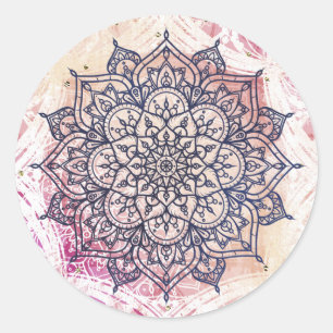 Sticker Rond Mandala aéré joyeux rose violet jaune bleu et or