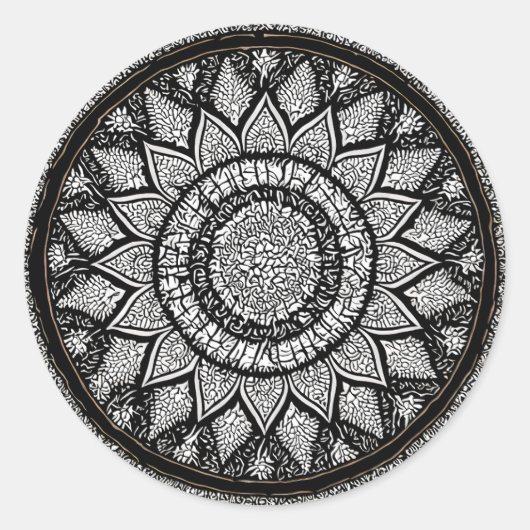 STICKER ROND MANDALA ARTS - NOIR ET BLANC - STYLE FLEURI (Devant)