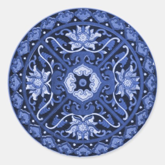 Sticker Rond Mandala blanc et bleu chinois antique (Devant)