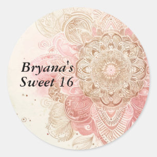 Sticker Rond Mandala bohème crème brun rose anniversaire