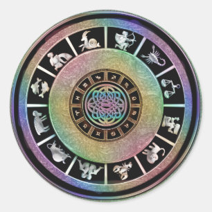Sticker Rond Mandala celtique de zodiaque d'arc-en-ciel