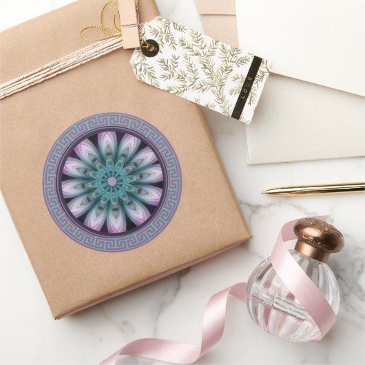 Sticker Rond Mandala de fleurs rose et sarcelle (Cadeaux)