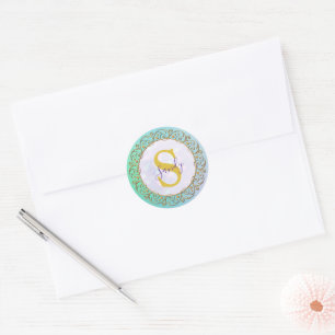 Sticker Rond Mandala de monogramme personnalisé or et turquoise