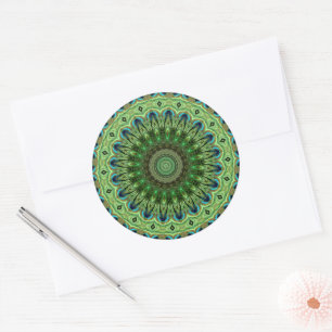 Sticker Rond Mandala de plumes de paon Symétrie émeraude et ble