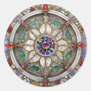 Sticker Rond Mandala de rubis, d'améthyste, de saphir et de per