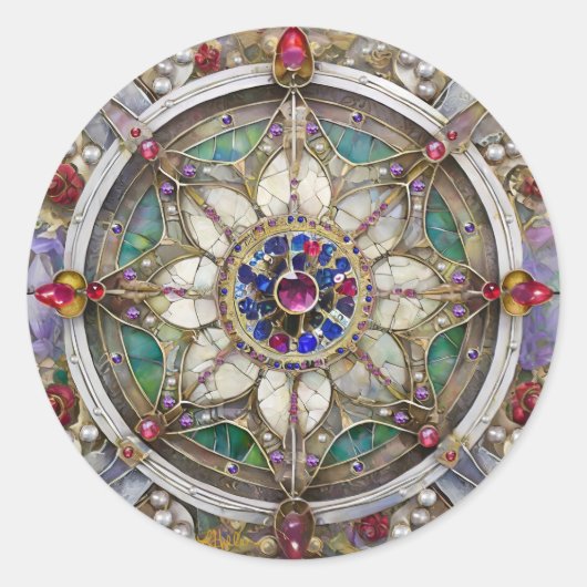 Sticker Rond Mandala de rubis, d'améthyste, de saphir et de per (Devant)