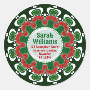 Sticker Rond Mandala de vacances Red Green avec nom et adresse 