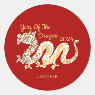 Sticker Rond Mandala Dragon 2024 Chinois Nouvel An Rouge