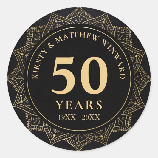 Sticker Rond Mandala élégant noir et or 50e anniversaire (Devant)