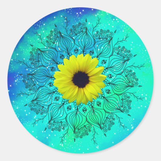 Sticker Rond Mandala et tournesol bleu turquoise étoilé (Devant)