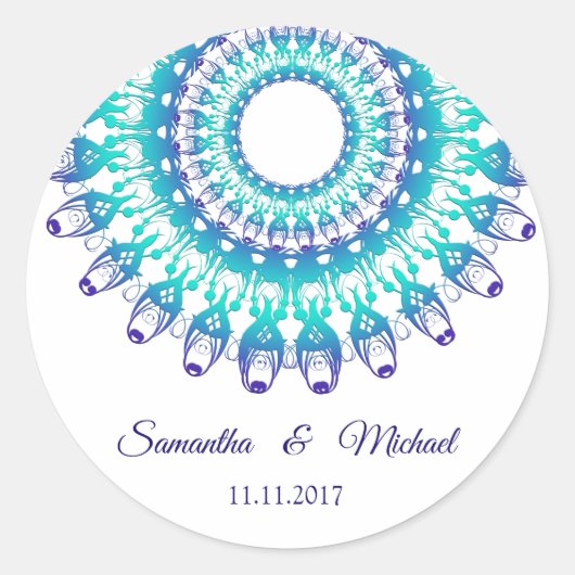Sticker Rond Mandala ethnique turquoise. monogramme. (Devant)