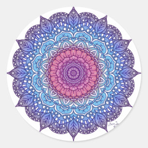 Sticker Rond Mandala feuille de fleurs violettes
