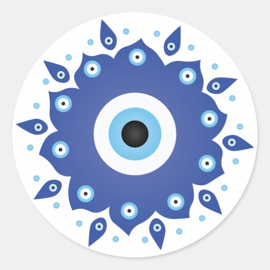 Sticker Rond Mandala Grec Mal Oeil Bleu Blanc (Devant)