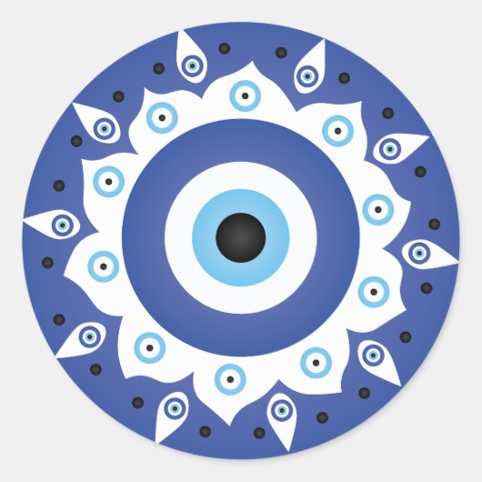 Sticker Rond Mandala Grec Mal Oeil Bleu Blanc (Devant)