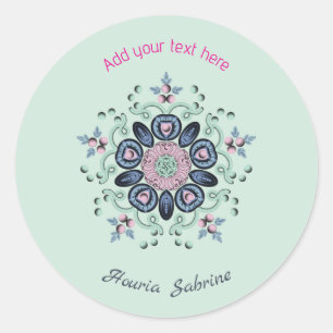 Sticker Rond Mandala Moderne Turquoise et Rose à Fleurs Doodles