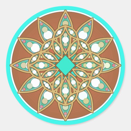 Sticker Rond Mandala motif en chocolat, bronzé et turquoise (Devant)