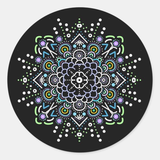Sticker Rond Mandala noir, violet et vert (Devant)