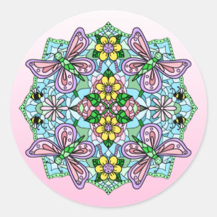 Sticker Rond Mandala, Papillon Whimsical tiré à la main 
