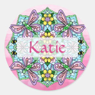 Sticker Rond Mandala personnalisé papillon rose et bleu