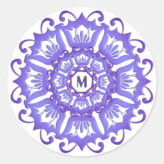 Sticker Rond Mandala violet floral. Monogramme. (Devant)