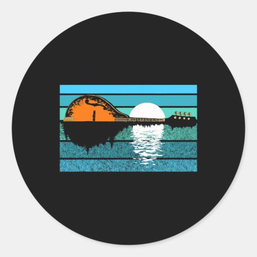 Sticker Rond Mandolin Trees Moon Night Reflection 80s Retro Blu (Devant)