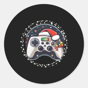 Sticker Rond Manette de jeu vidéo Chapeau de Père Noël Noël Jeu