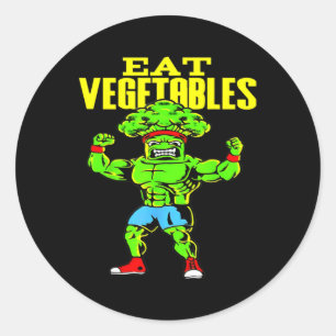 Sticker Rond Manger des légumes drôle brocoli fitness force spo