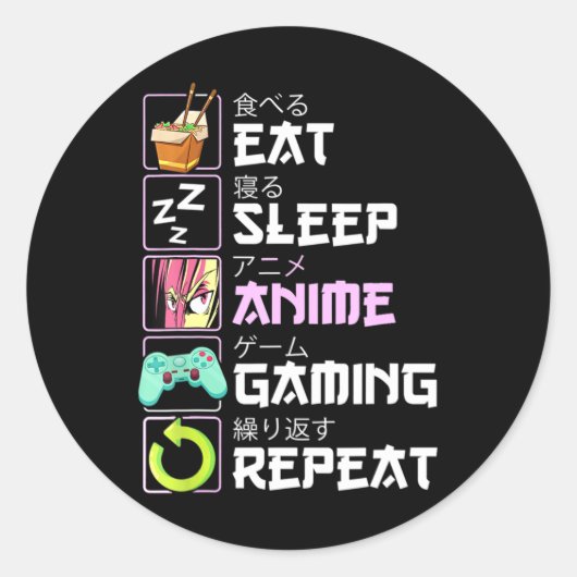 Sticker Rond Manger Sleep Anime Jeu Répétition Kawaii Otaku Ani (Devant)