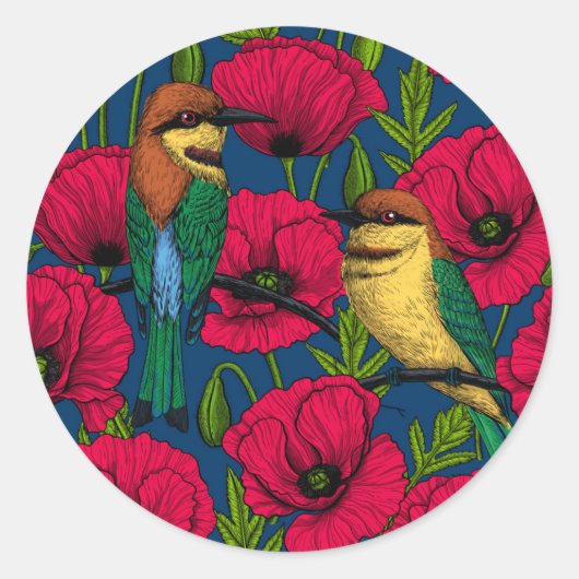 Sticker Rond Mangeurs d'abeilles et pavots (Devant)