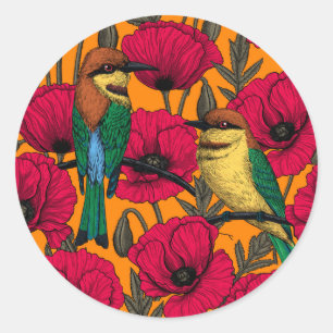 Sticker Rond Mangeurs d'abeilles et pavots sur orange