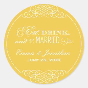Sticker Rond Mangez Boire et être marié Mariage jaune Monogramm