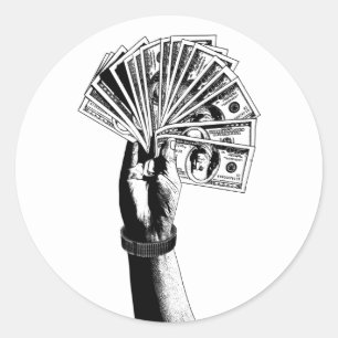 Sticker Rond Mans main Holding 100 dollars Bills argent argent