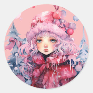 Sticker Rond Manteau d'hiver rose Cute Big Eye Girl Noël