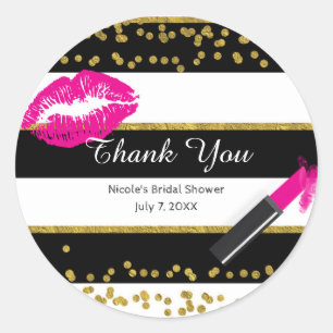 Sticker Rond Maquillage Lèvres Roses Confettis et Rayures Dorés