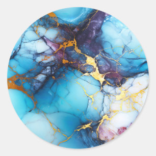 Sticker Rond Marbre Azur et Améthyste avec Veines Dorées