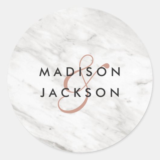 Sticker Rond Marbre blanc & Rose Gold Moderne Monogramme Mariag (Devant)